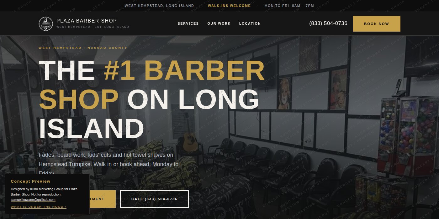 Homepage concept for Plaza Barber Shop, a barbershop in West Hempstead, Long Island