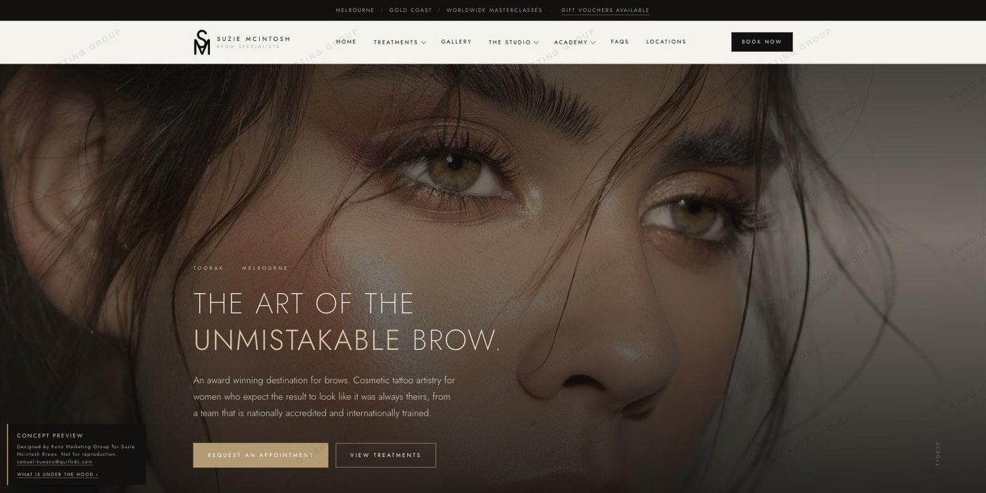 Website concept for Suzie Mcintosh Brows, a cosmetic tattoo studio in Toorak, Melbourne