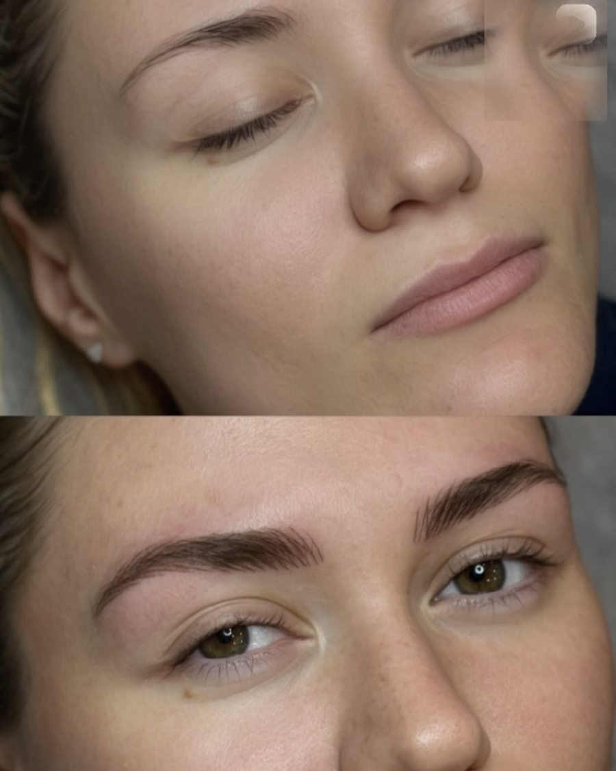 Nano brow cosmetic tattoo result shown before and after
