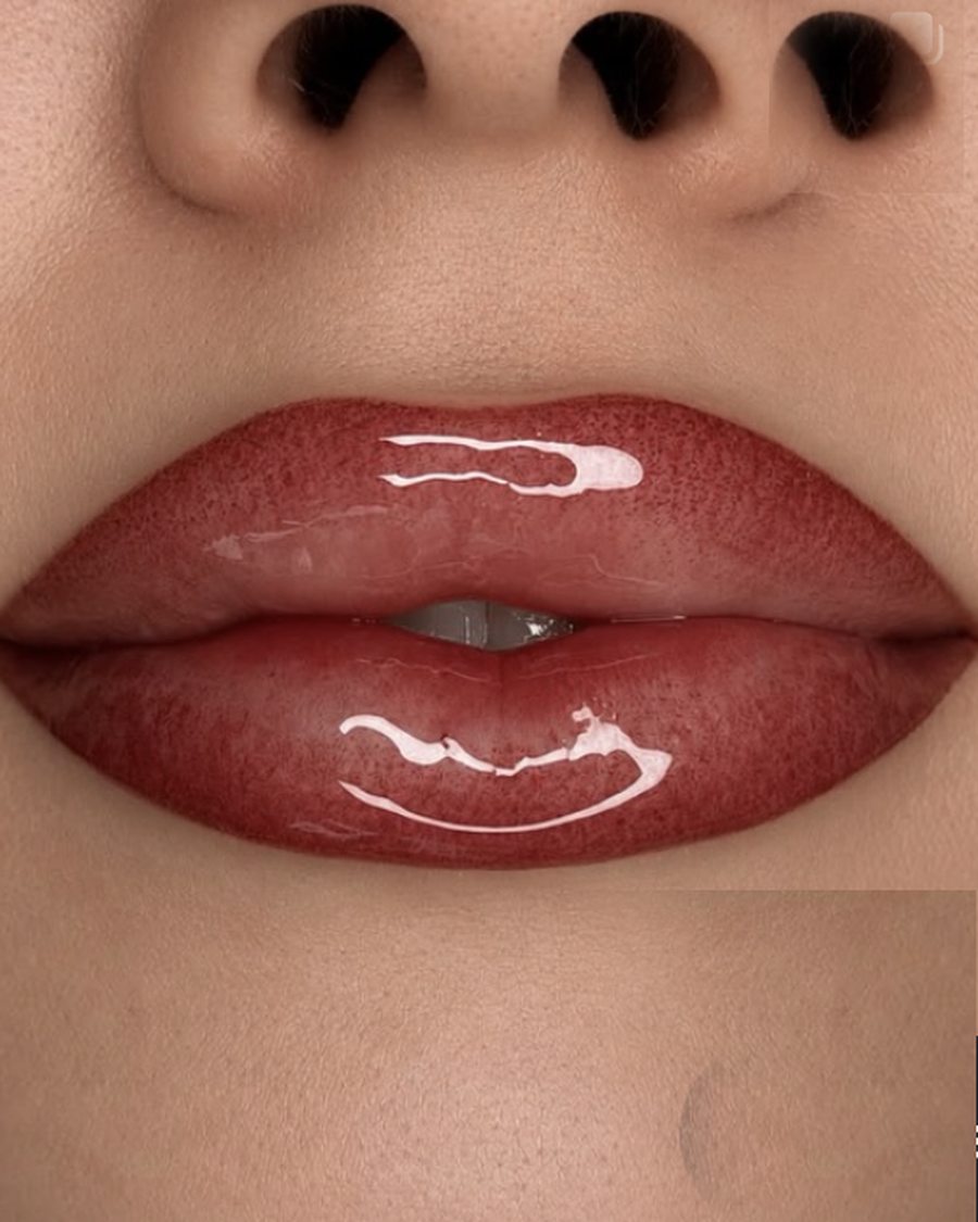 Healed ombre lip blush cosmetic tattoo in a deep red tone